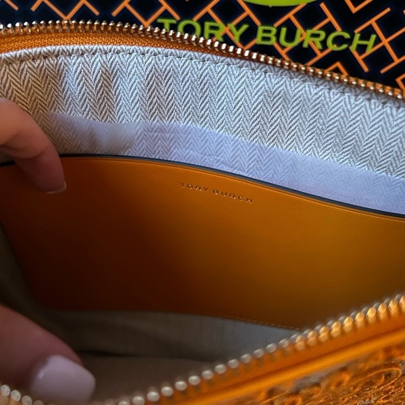 Tory Burch T Monogram Embroidered Straw Pouch Orange Citrine - Picture 9 of 11